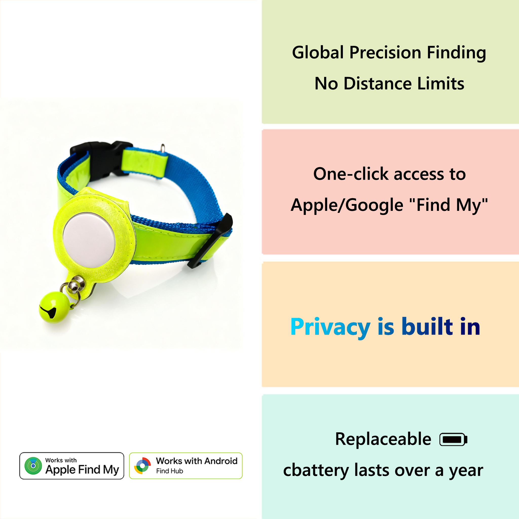 Reflective Tracker Collar - Anti-Lost, Waterproof, Apple Find My & Google Find Hub, 1-Year Battery